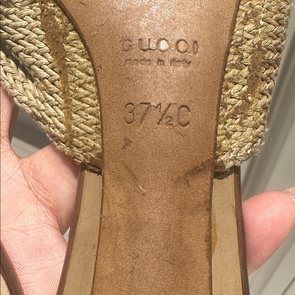 Gucci Vintage Beige Tan Exotic Ostrich Leather Woven Strap Block Heel Mules 37.5 - Picture 3 of 4